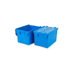 Caixa de plástico azul fechada com tampa articulada
