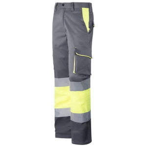 Calça bicolor, em AV, stretch, 64% pol/ 34% alg/ 2% elastano