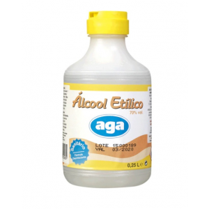 Alcool sanitário com 70% vol, embalagem 250 ml.