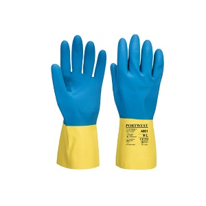 Luva quimica em latex de revestimento duplo, Amarelo/Azul.