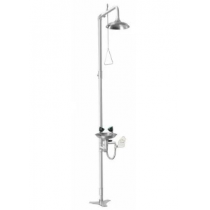 Chuveiro e lava-olhos manual com pedestal. Em aço inox.