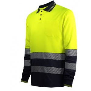 Polo de AV, bicolor, faixas segmentadas, m/ comprida.