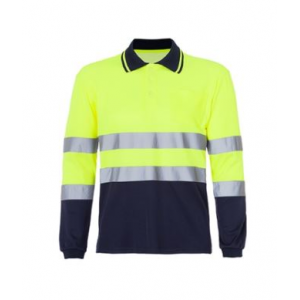 Pólo de AV m/comprida, bicolor, 45% poliéster, 55% algodão.