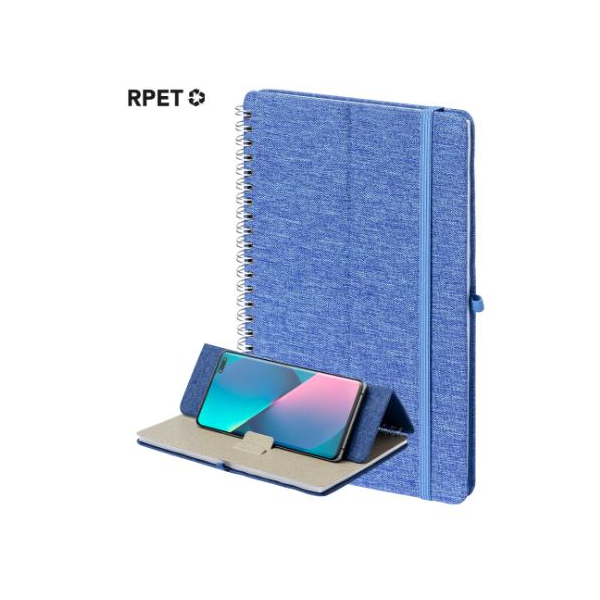 Caderno Maisux, com capa rigida e suporte para smartphone.