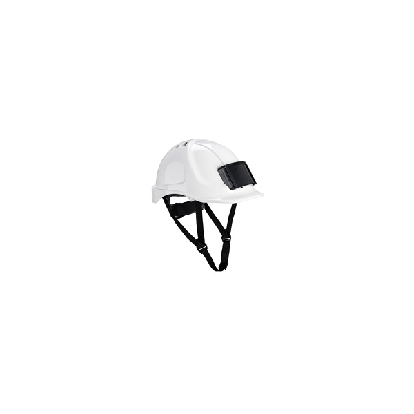 Capacete ventilado, aperto de roda, com suporte para crachá.
