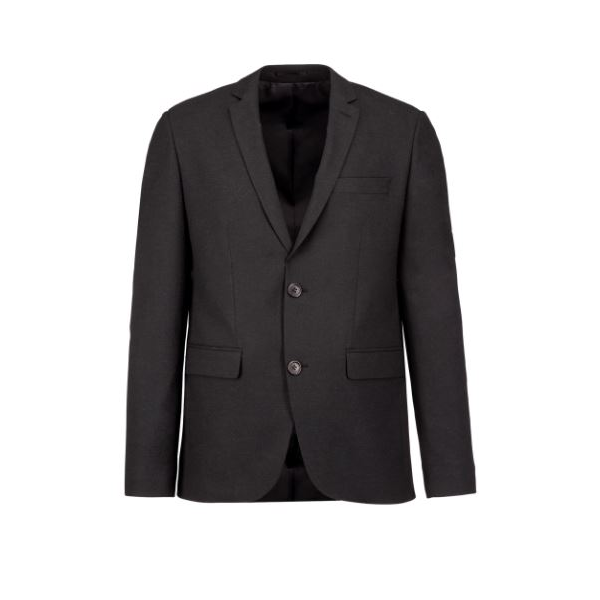 Blazer de homem, 64% poliéster, 34% viscose e 2% elastano.