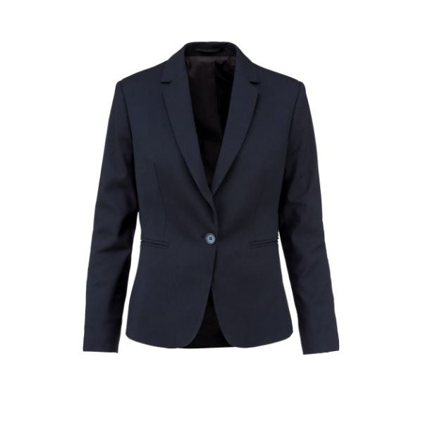 Blazer de senhora, 64% poliéster, 34% viscose e 2% elastano.