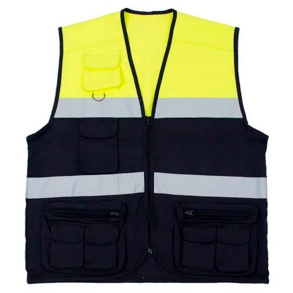 Colete em AV, bicolor. Multibolsos. Sarja 65% pol, 35% alg.