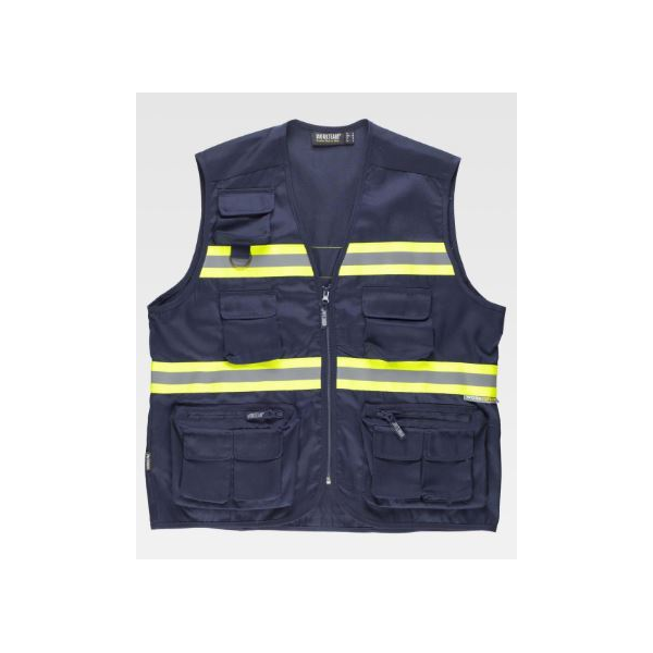 Colete tipo safari, fitas refletoras-fluorescentes. 200 g/m2