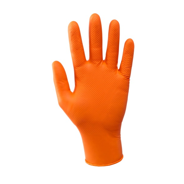 Luva descartável laranja de nitrilo s/pó AQL 1,5. Emb.50 und