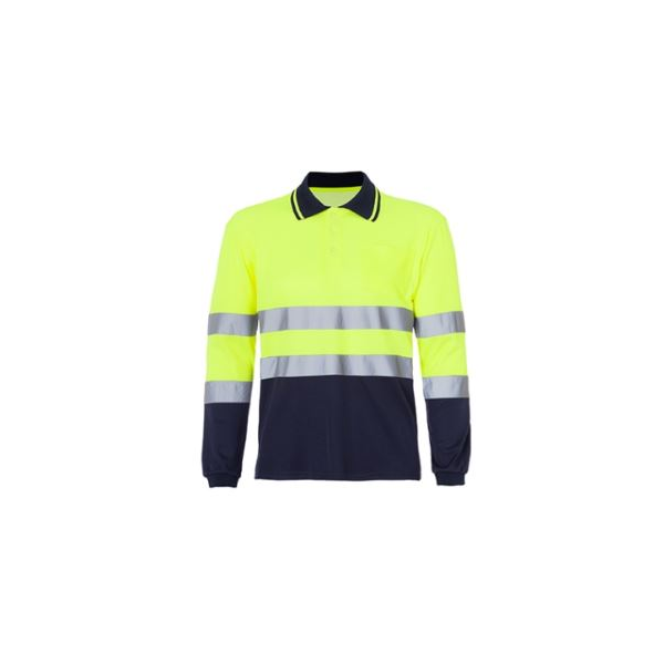 Pólo de AV m/comprida, bicolor, 45% poliéster, 55% algodão.