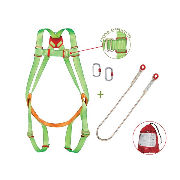 Kit para trabalhos em altura. Arnês, corda e 2 mosquetões.